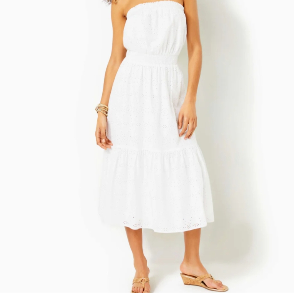 Lilly Pulitzer White Strapless Eyelet Midi Dress